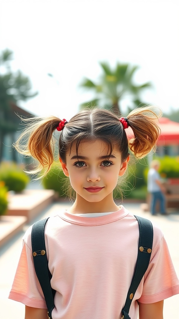 A young girl with double high ponytails smiling outdoors.