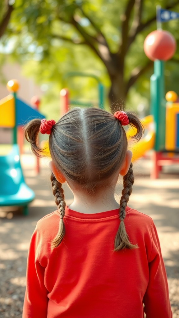 A young girl with double knotted ponytails standing at a playground.