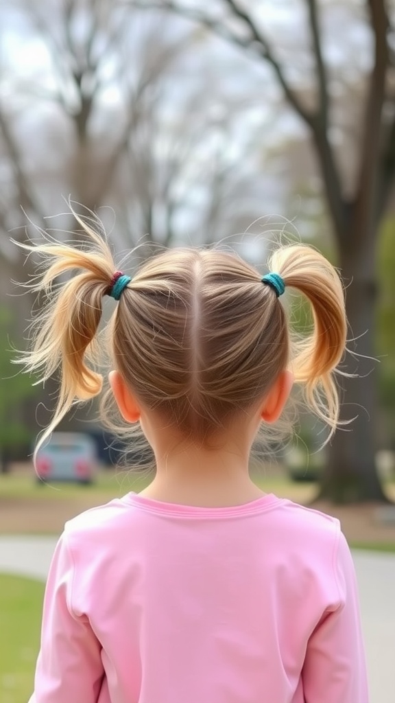 A child with double messy ponytails, showcasing a carefree hairstyle.