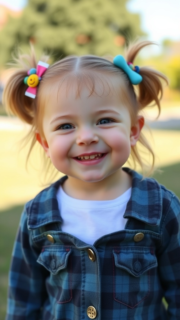 A smiling toddler with two ponytails, decorated with colorful clips.