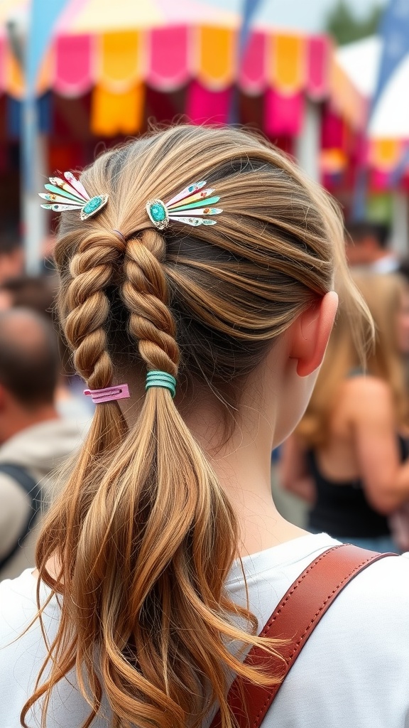 A person with double ponytails secured with colorful accessory clips.