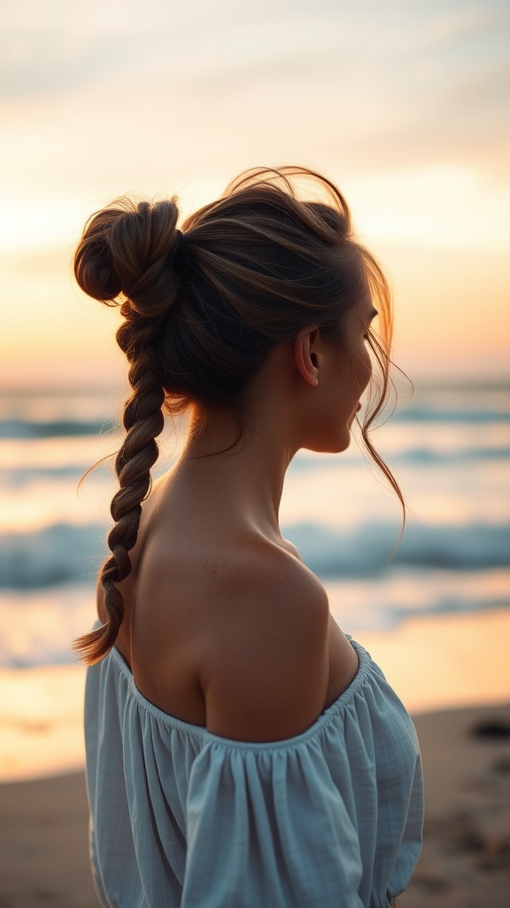 A woman with double ponytails and beach waves, enjoying a sunset by the ocean.