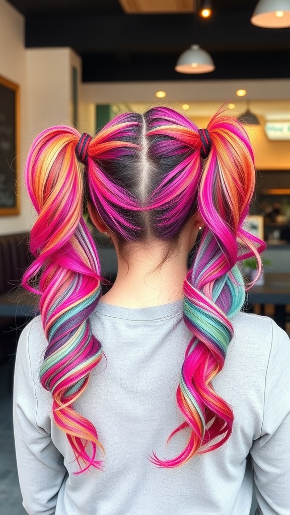 A person with double ponytails featuring colorful highlights in pink, purple, and blue shades.