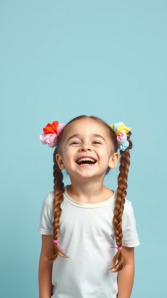 A young girl laughing, sporting double ponytails with colorful scrunchies.