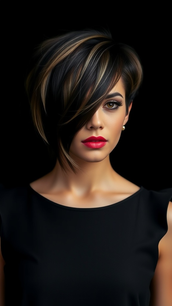 A woman with dramatic side-swept short hair, showcasing a bold hairstyle against a dark background.