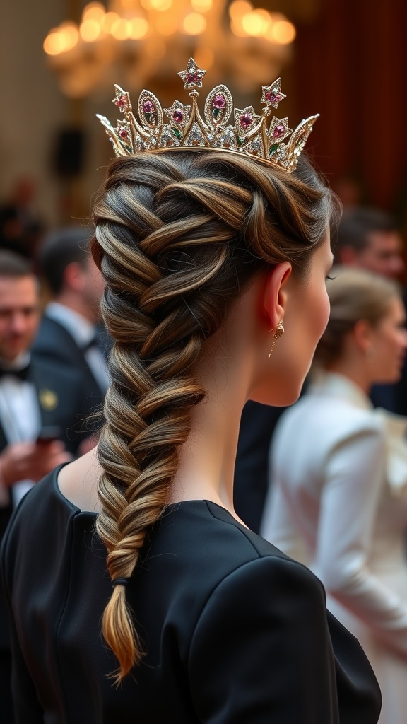 A woman with a Dutch braid crown hairstyle adorned with a sparkling crown.