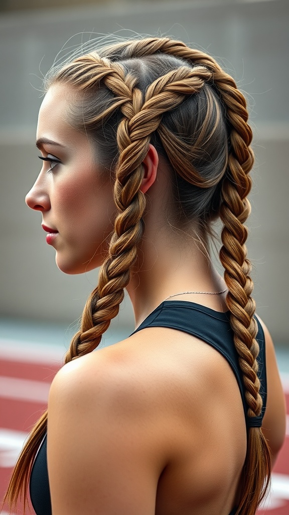 A woman showing off two Dutch braids while wearing athletic clothing.