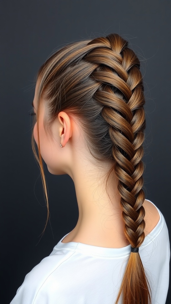 A woman with a Dutch braid ponytail hairstyle, showcasing a neat and stylish braid