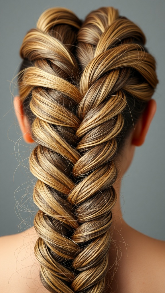 A close-up of a Dutch braid hairstyle showing a 3D effect with highlighted strands.