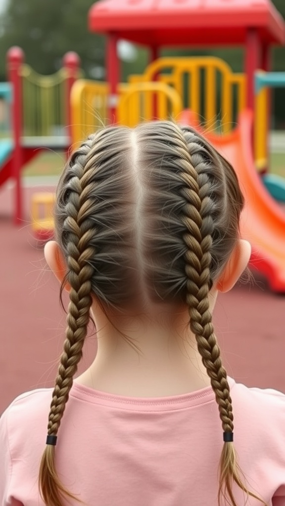 A child's back view showing two Dutch braids, with a playground in the background.