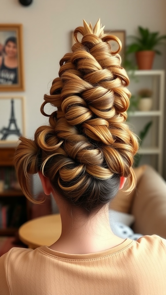 A pineapple updo hairstyle featuring curly hair styled high on the head, showcasing loops and twists in a playful arrangement.