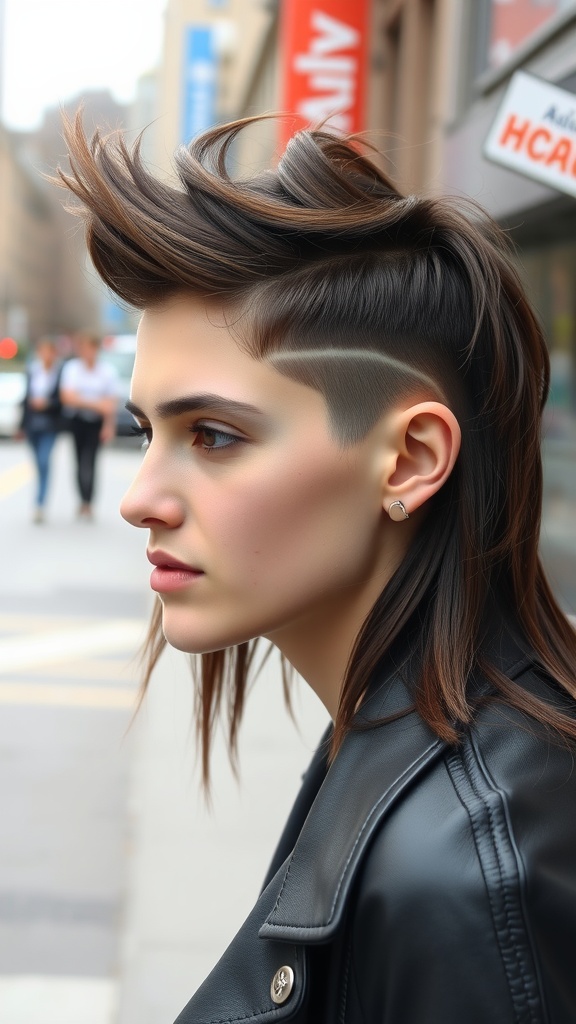 A modern asymmetrical mullet hairstyle with straight hair, featuring longer sections in the front and a tapered back, styled with edgy flair.