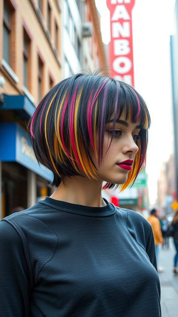 A model with a sleek bob hairstyle featuring colorful pink and yellow tips, set against an urban backdrop.