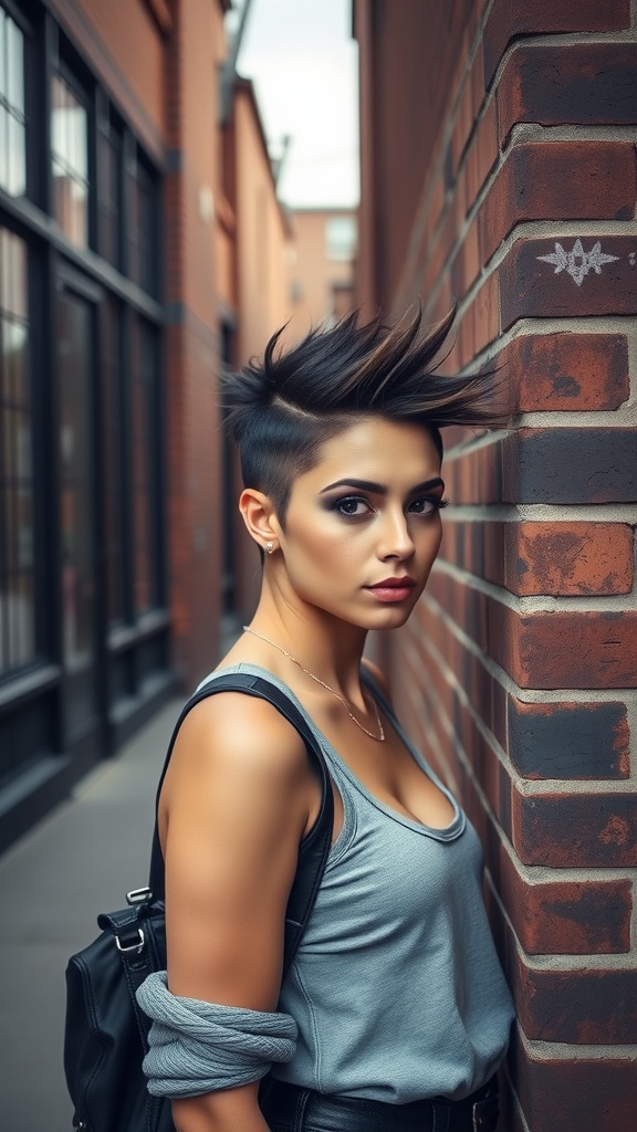 Woman with an edgy faux hawk hairstyle in an urban setting