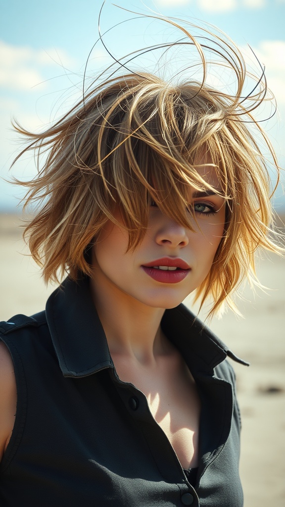 A woman with an edgy shag cut, featuring tousled layers and a playful, carefree look.