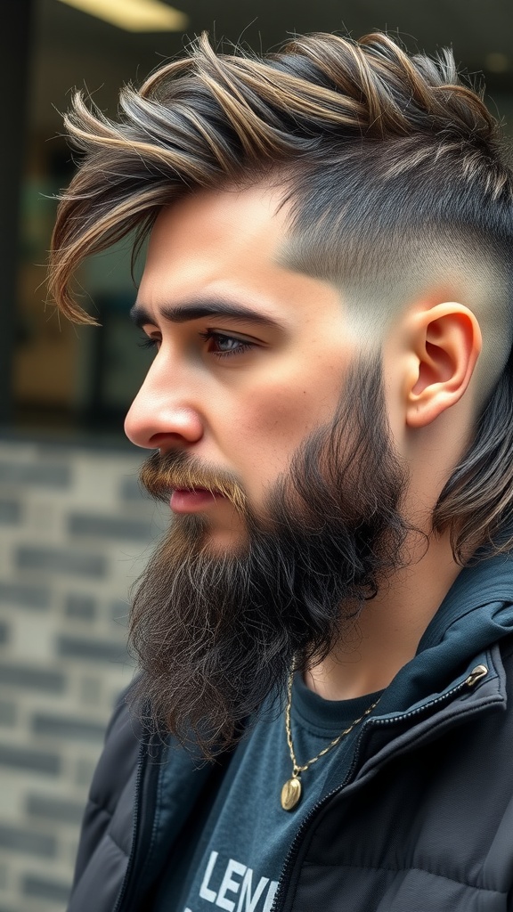 A man with an edgy textured mullet hairstyle, featuring short sides, long back, and a well-groomed beard.