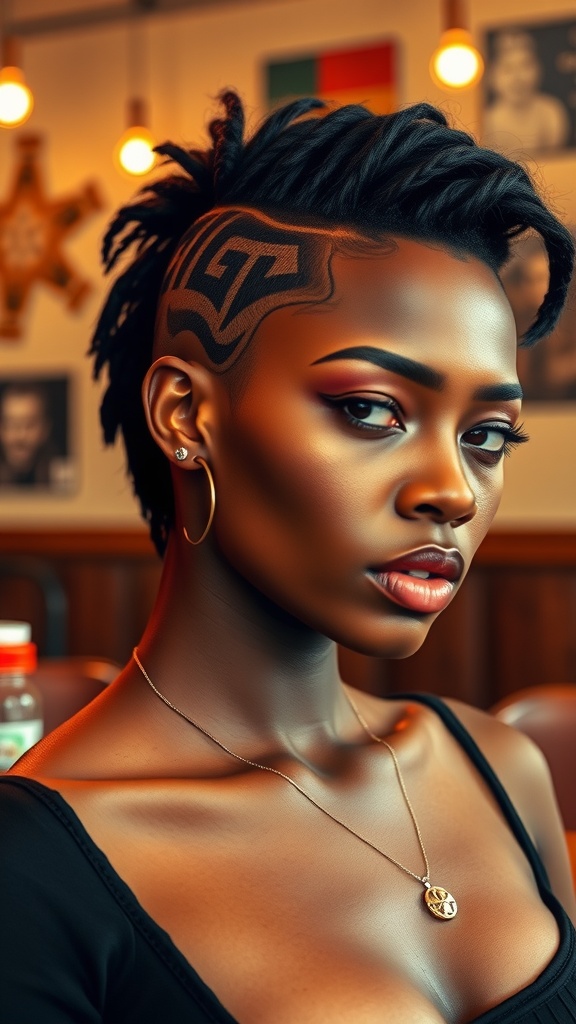 A woman with an edgy undercut hairstyle, featuring intricate designs shaved into the side, showcasing confidence and modern style.