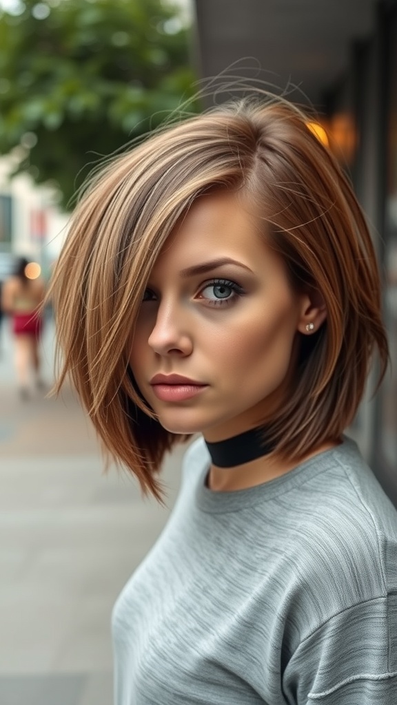 A close-up of a woman with an asymmetrical bob and side bangs, styled casually with a choker.