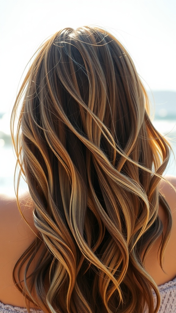 Long hair with beach waves and highlights, seen from the back with a sunny beach background.