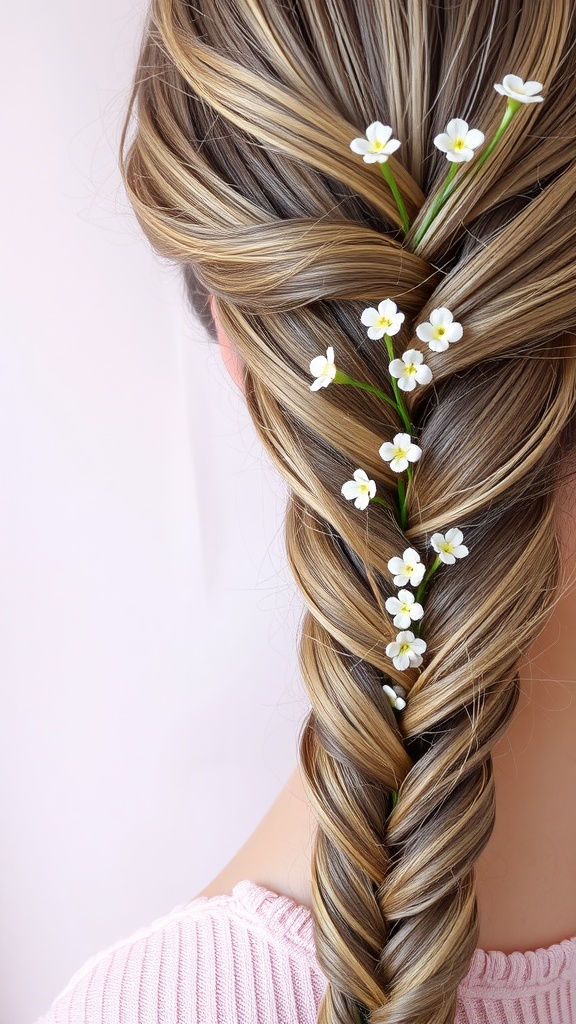 A fishtail braid with white flowers woven into it, showcasing a stylish and effortless hairstyle.