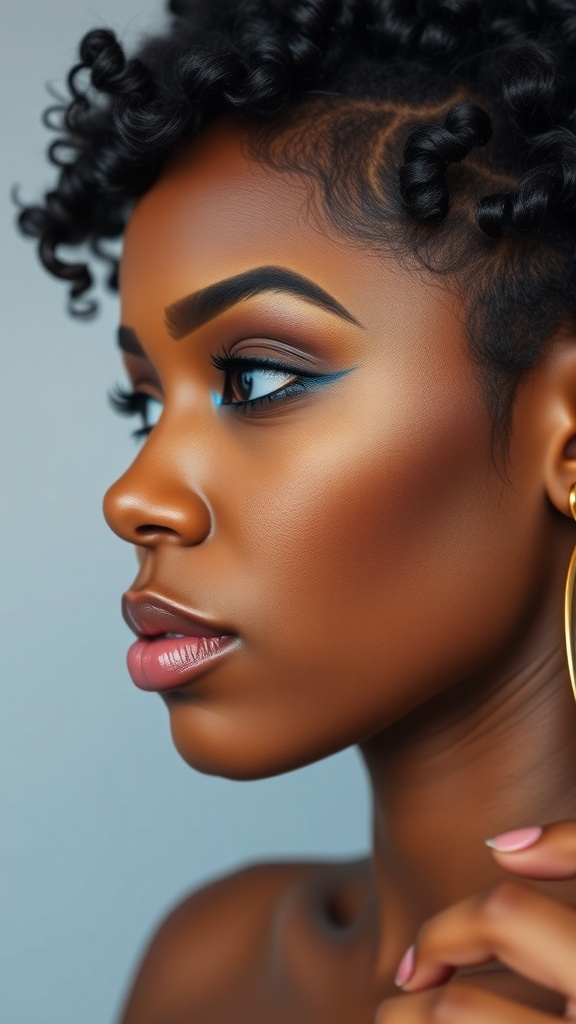 Profile of a woman with defined short curls and stylish earrings.