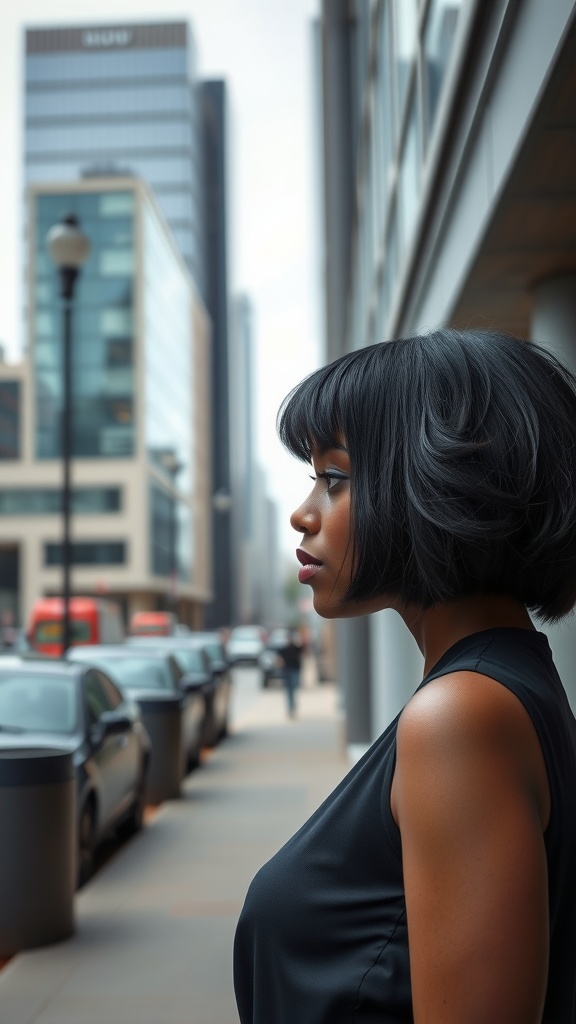 A woman with a chic curly bob hairstyle stands confidently in an urban setting.