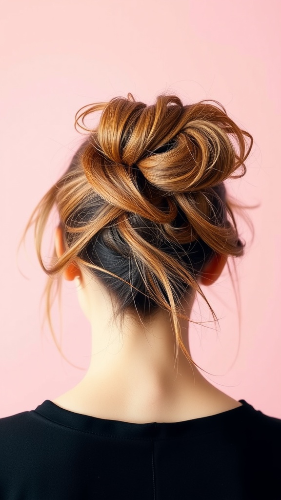 A messy bun hairstyle with loose strands and highlights, set against a pink background.