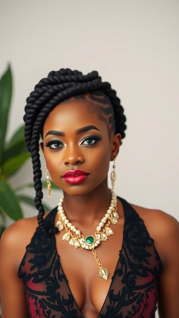A woman with a stylish Bantu knots hairstyle, wearing elegant jewelry.