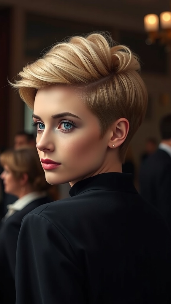 A woman with a stylish bouffant hairstyle, showcasing short hair with volume and soft waves, dressed in formal attire.