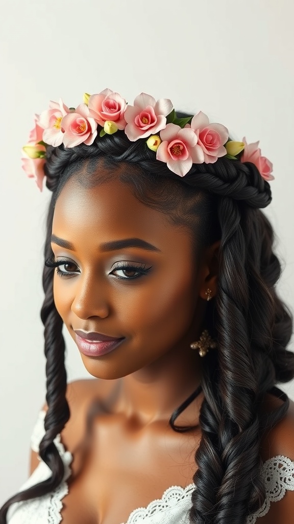 A woman with natural hair styled in a braided crown adorned with pink flowers.