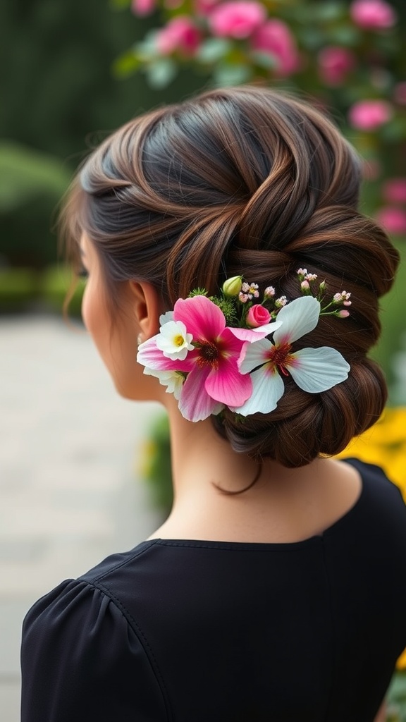 A woman with a chignon hairstyle adorned with pink and white flowers.