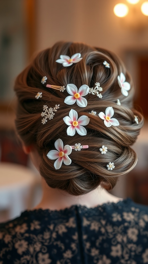 An elegant curly bun styled with floral and decorative hair accessories.