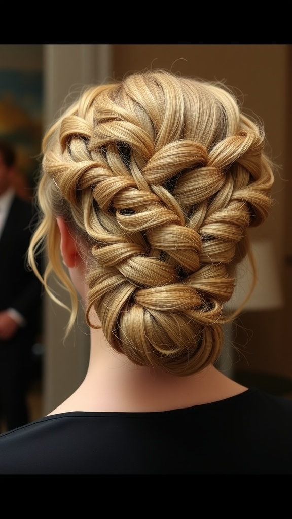A beautiful elegant curly updo with intricate braids, showcasing soft curls cascading down.