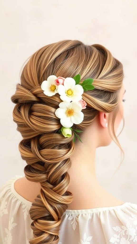 A fishtail braid updo adorned with flowers, showcasing an elegant hairstyle.