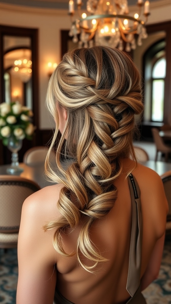 A woman with a beautiful half braided hairstyle, featuring soft curls, in an elegant indoor setting.