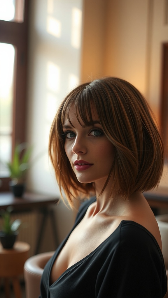 A woman with a layered bob hairstyle and side-swept bangs, sitting indoors with warm lighting.