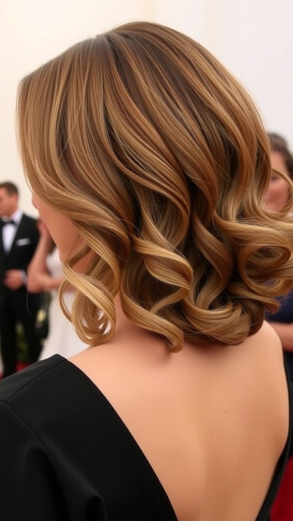 A woman with a long bob hairstyle featuring soft curls, captured from the back. The hairstyle showcases rich color highlights and is suitable for formal events.