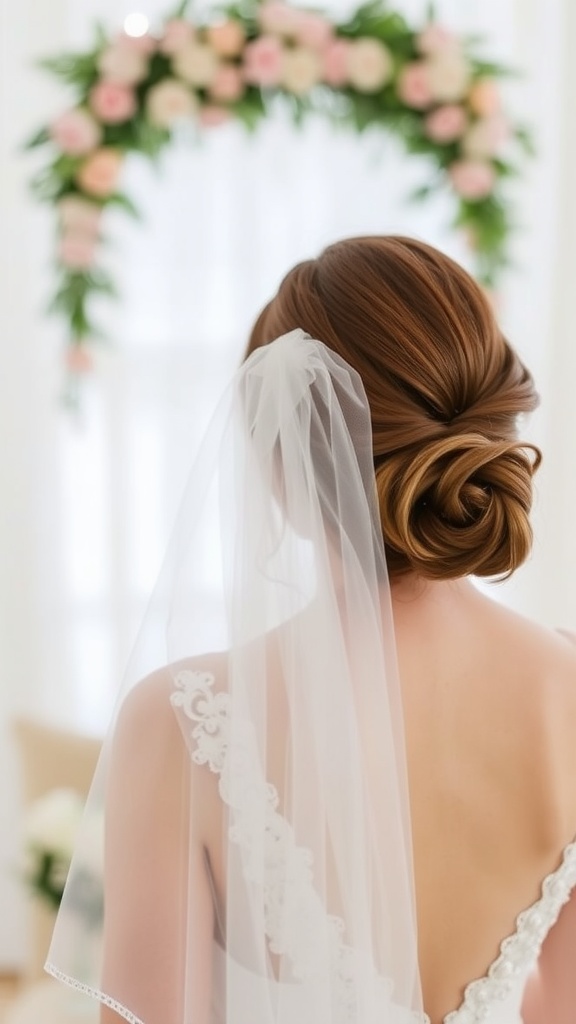 A woman with a low bun hairstyle and a delicate veil, standing in front of a floral arch.