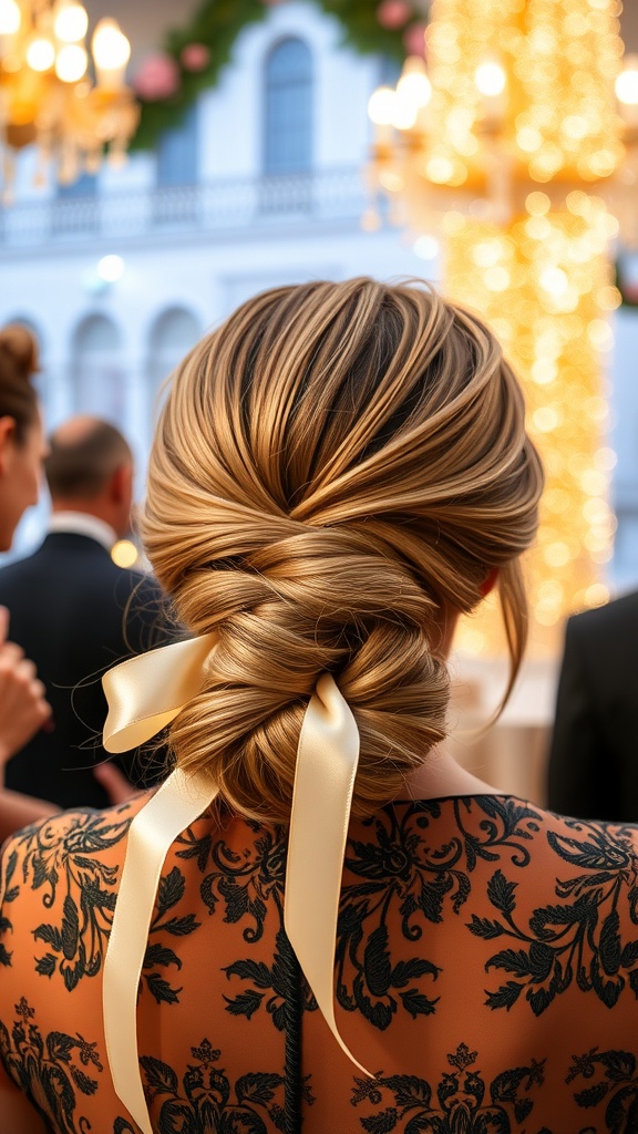 A woman with a low chignon hairstyle adorned with ribbons, set against a festive backdrop.
