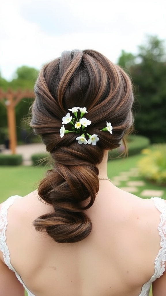 A woman with a low twisted hairstyle adorned with white flowers in a garden setting.