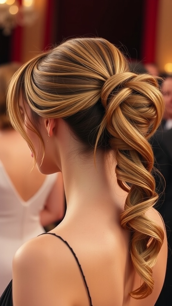 Elegant ponytail hairstyle with face-framing strands, showcasing curls and highlights
