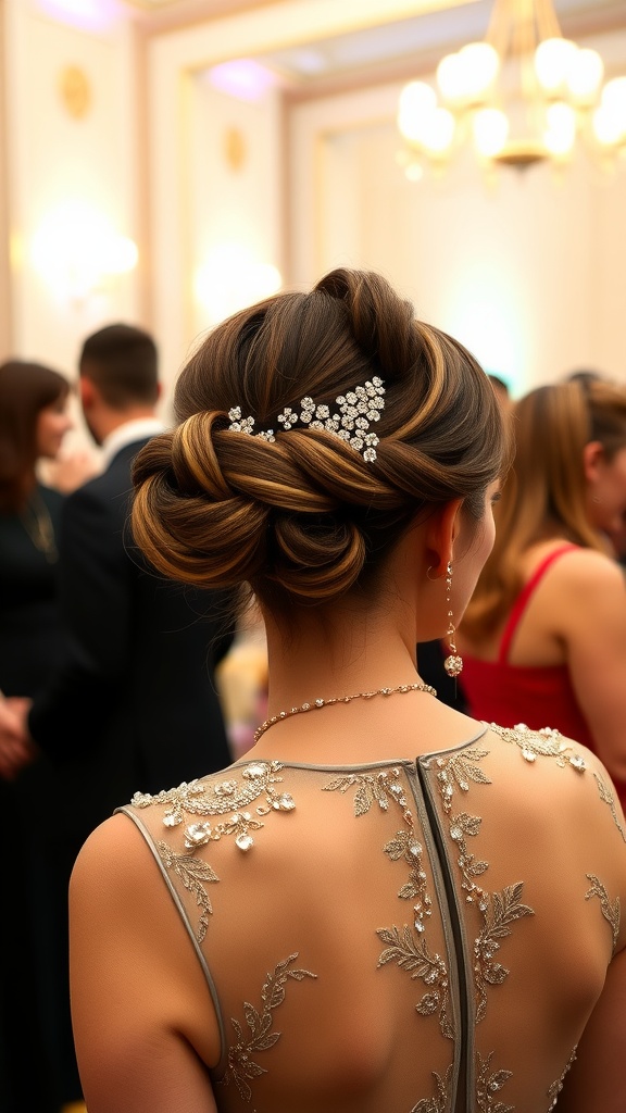 A short elegant updo hairstyle adorned with decorative hairpins, viewed from the back.