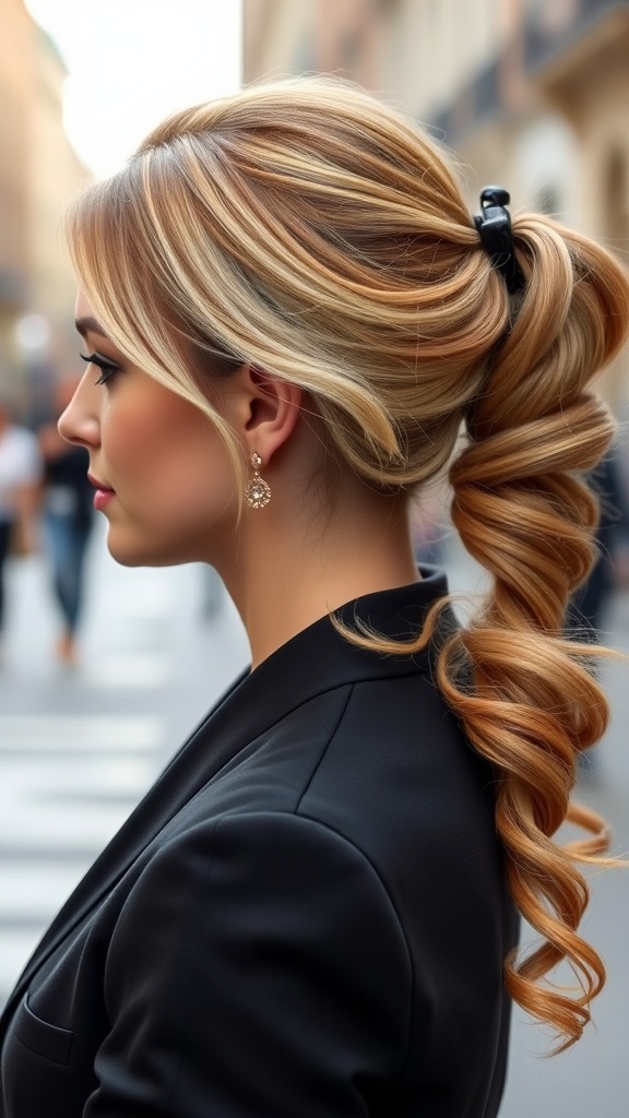 A side view of a woman with a side ponytail styled in soft waves, wearing a black blazer and earrings.