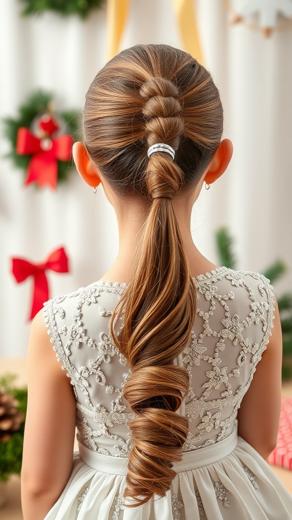A child with a sleek ponytail hairstyle, wearing a beautifully detailed dress, set in a festive background.