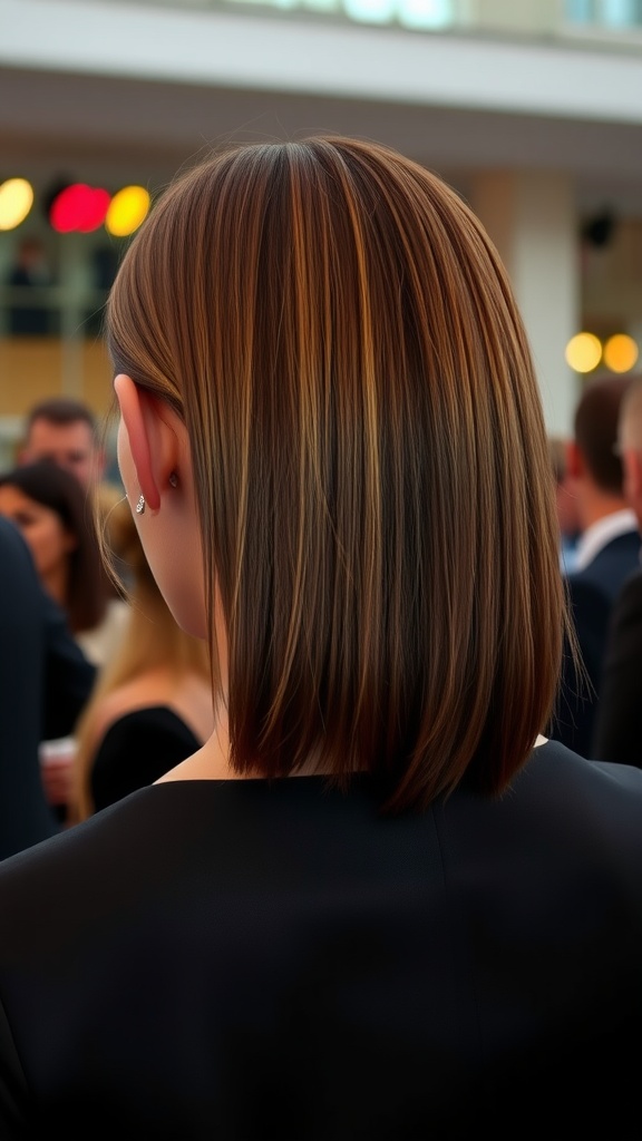 A close-up view of straight hair styled elegantly behind the ears, showcasing a sleek bob haircut.