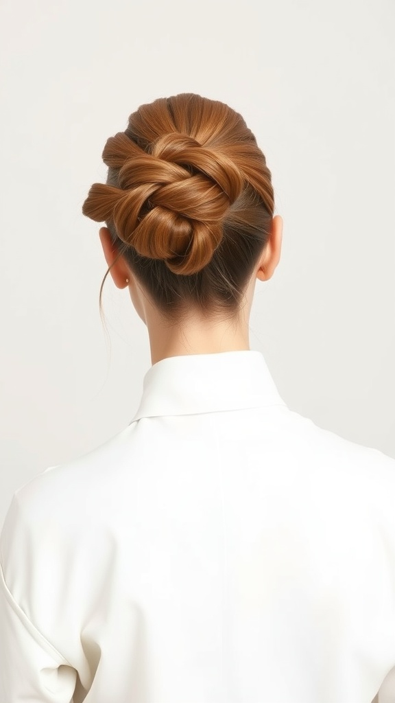 A view of a twisted ponytail hairstyle with smooth, reddish-brown hair styled elegantly.