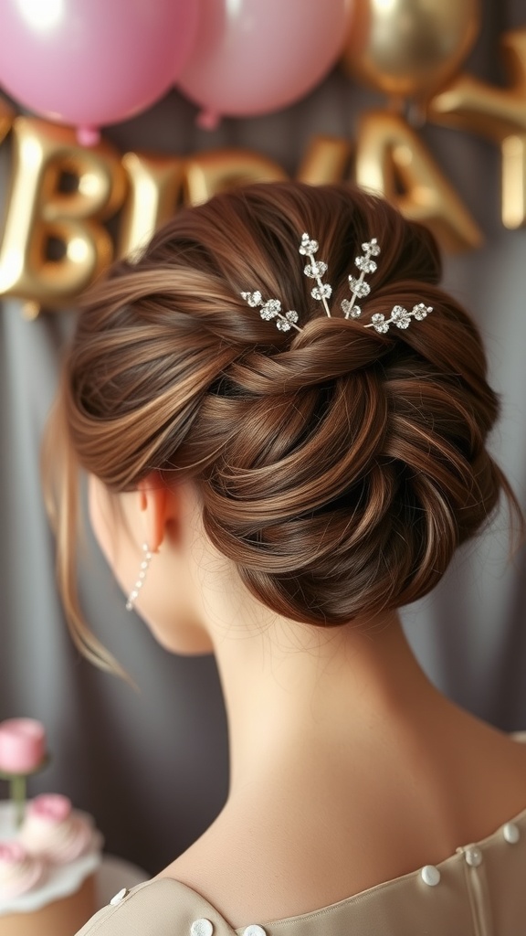 Elegant updo hairstyle with hair accessories, set against a festive birthday backdrop.