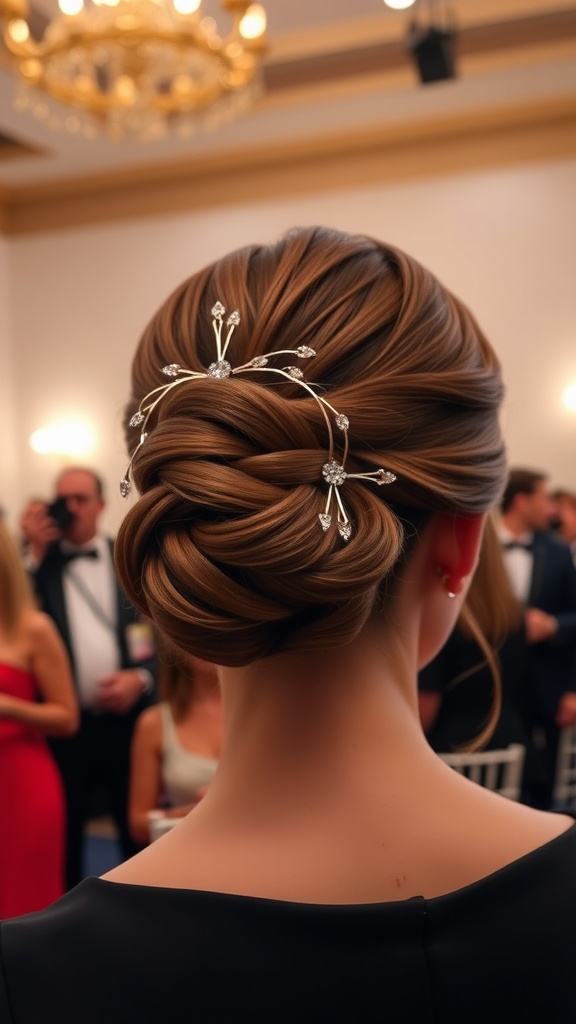 An elegant updo for short hair, with delicate hair accessories, set against a festive backdrop.