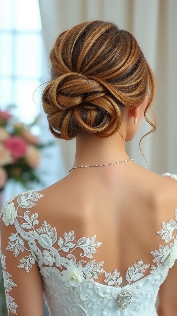 A woman with a beautiful updo hairstyle, showcasing a bob haircut underneath, wearing an elegant dress with lace detailing.