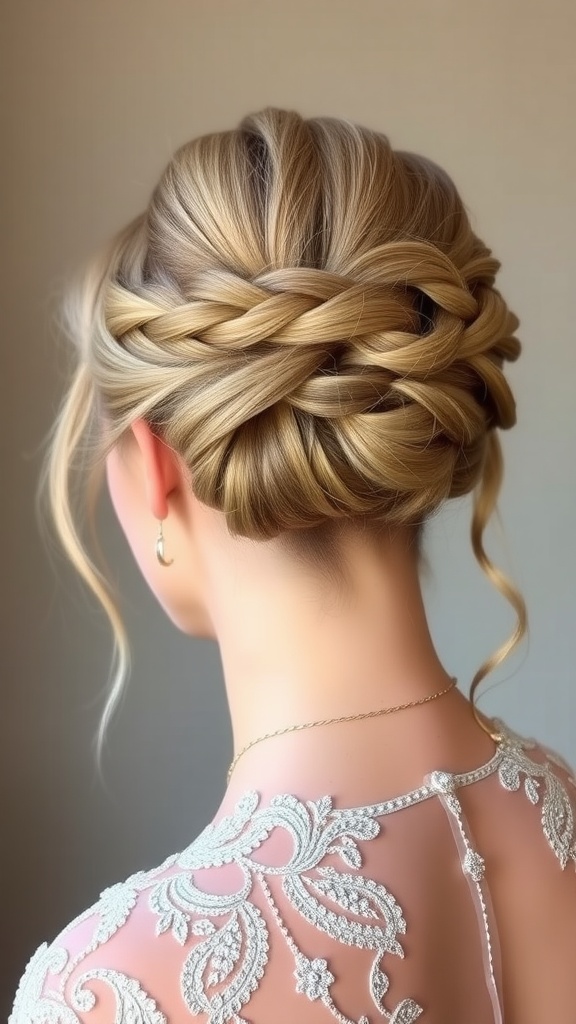 A beautiful braided crown hairstyle with soft waves framing the face, perfect for formal occasions.